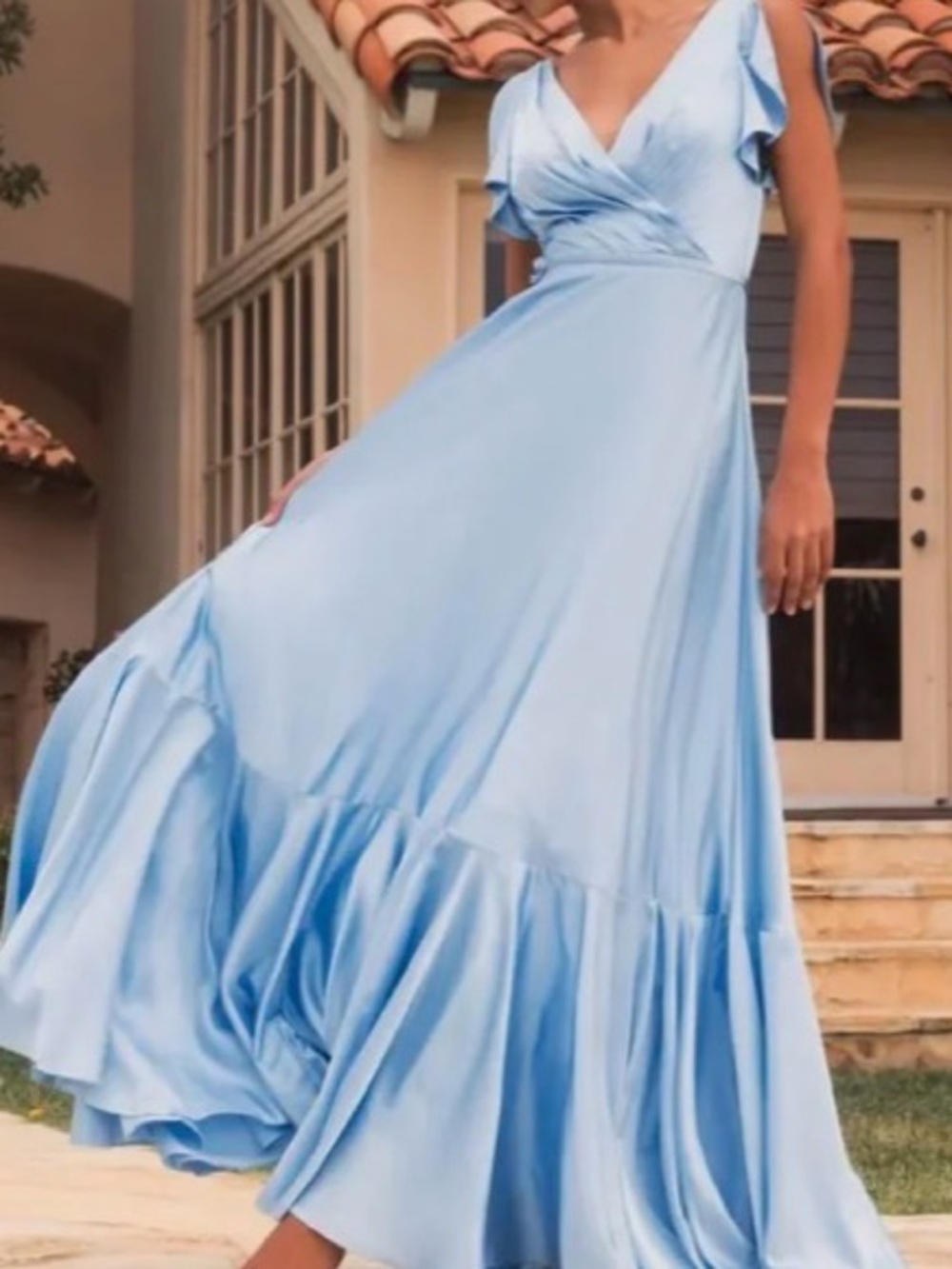Mac Duggal Powder Blue V-Neck Flutter Sleeve Maxi Gown - Picture 3 of 8